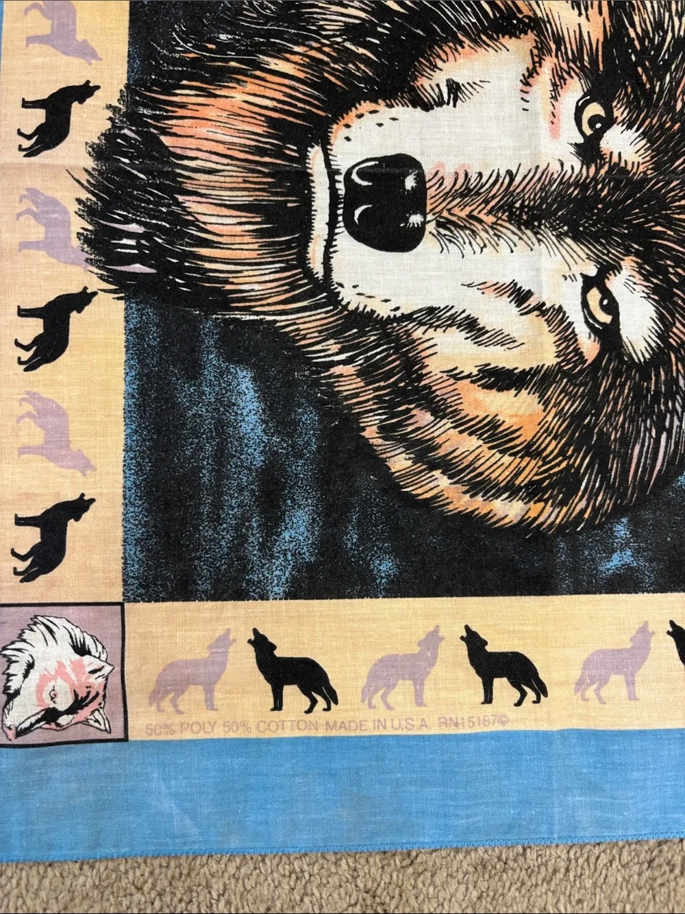 Wolf Print Bandana Scarf in Blue and Tan